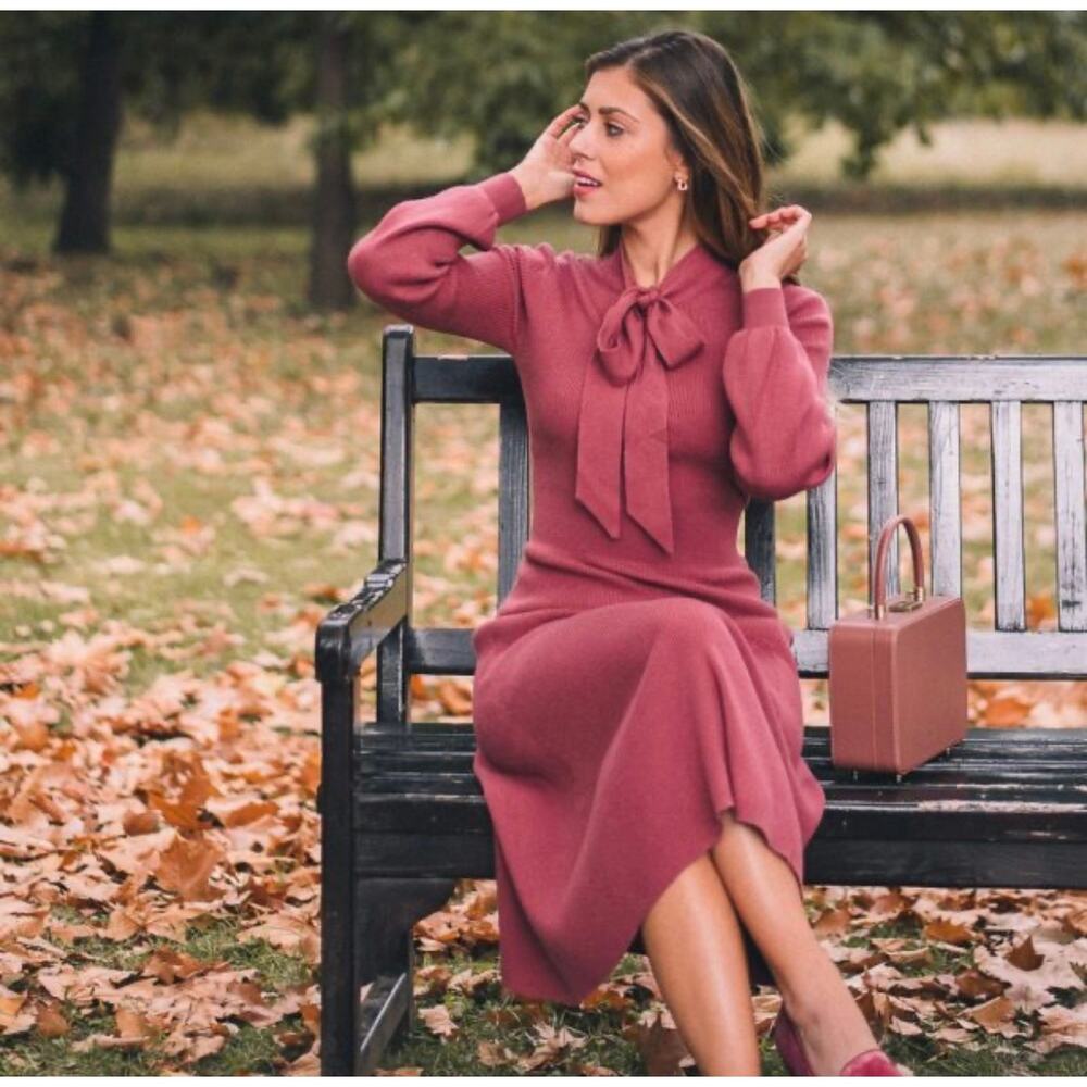 Gal Meets Glam Knit Pink Tie Neck Long Sleeve Sweater Dress Midi Medium Brianna - Picture 2 of 10
